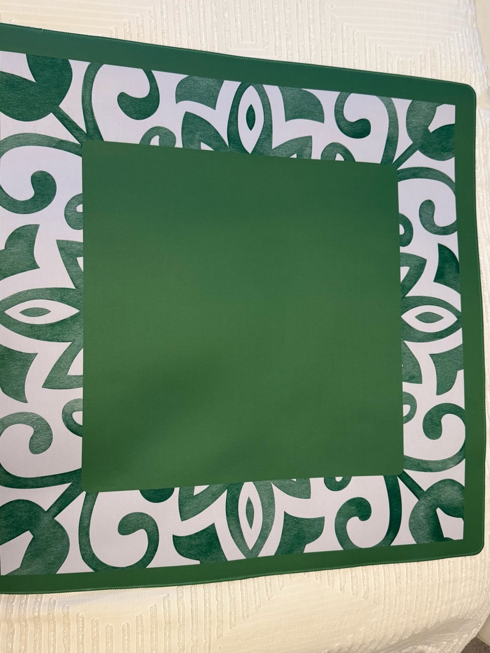 Emerald Green Decorative Table Placemat with White Scroll Motif